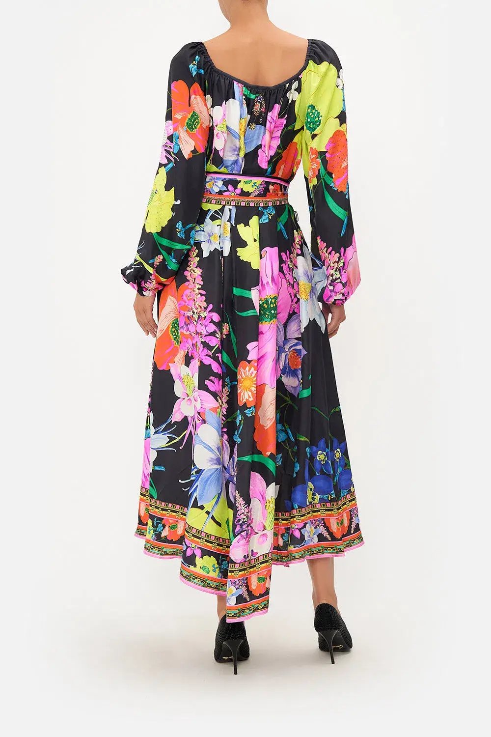 Camilla Gathered Flared Dress Black Floral Size 14 photo 2