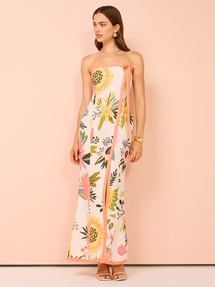 By Nicola Claudia Strapless Wrap Maxi Dress In Potpourri/Melon Size 8 photo 2