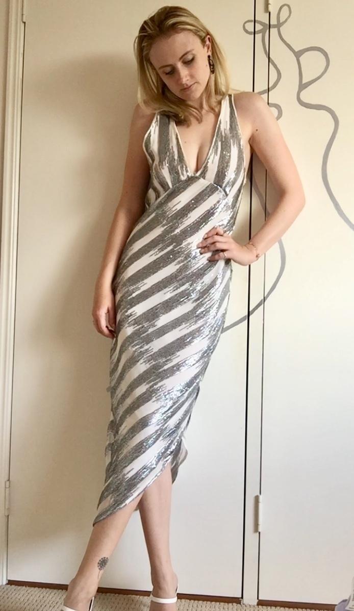 Manning Cartell Sequin Midi Plunging Dress Silver White Size 6 photo 2