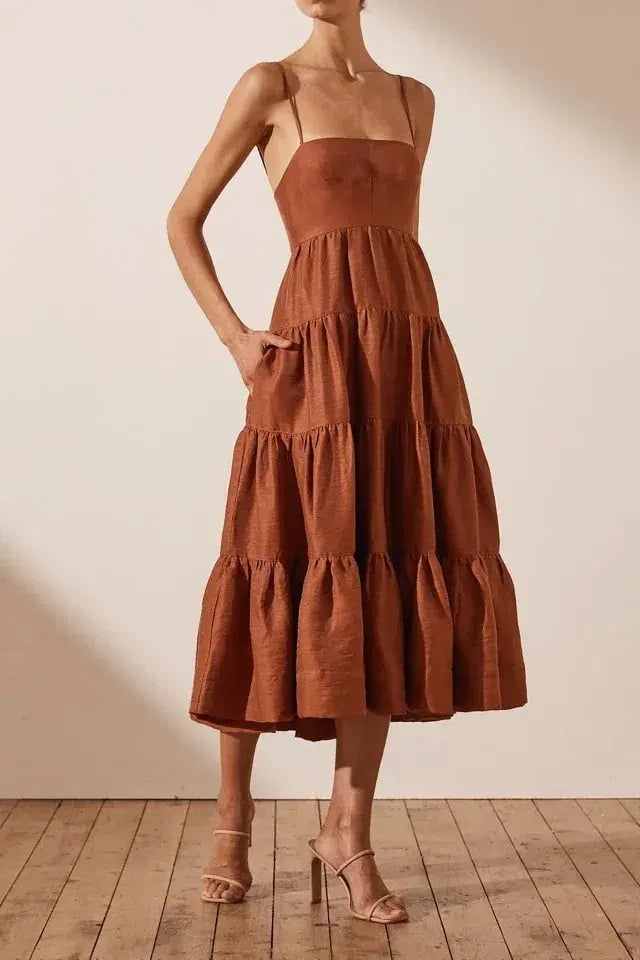 Shona Joy Elsa Tiered Midi Dress Brown Size AU 10 photo 2