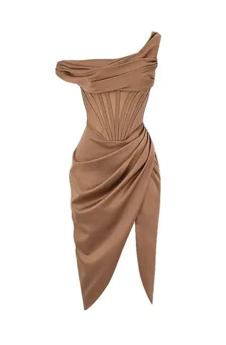 House of CB Lulu Toffee Asymmetric Drape Midi Corset Dress Brown Size 10 photo 8