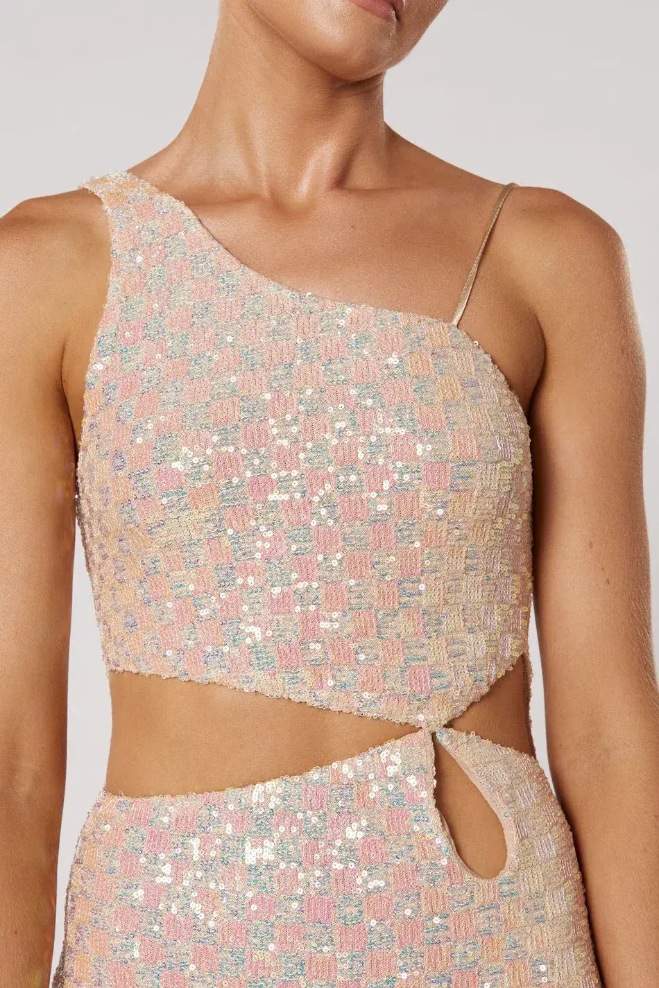 Winona Indeko One shoulder Sequin Midi Dress Pearlescent Peach Size 6 photo 3