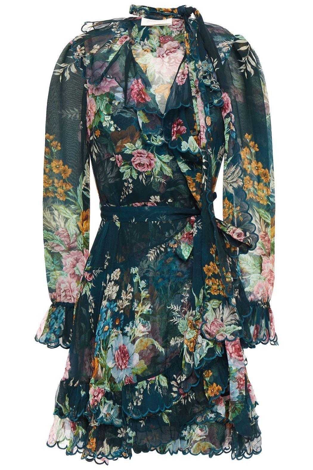 Zimmermann Wavelength Scallop Ruffled Wrap Around Mini Dress Teal Daphne Floral Print Size 1 / AU 10 photo 4