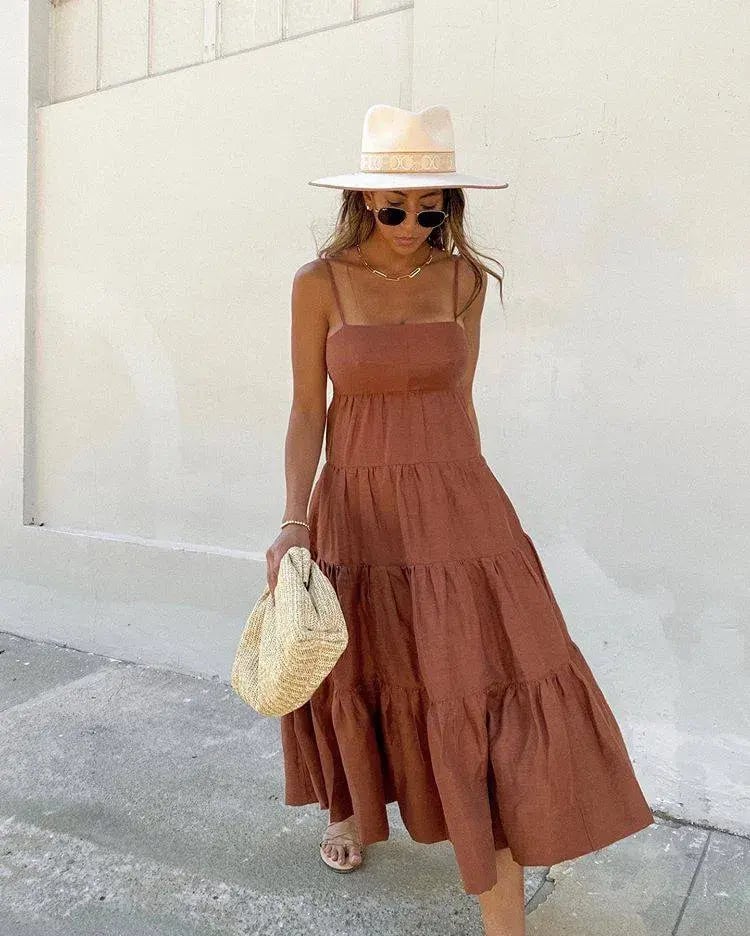 Shona Joy Elsa Linen Tiered Midi Dress Gingerbread Brown Size 12 photo 4