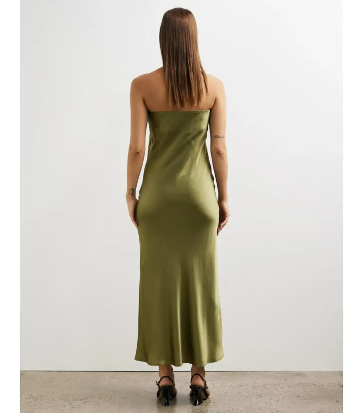 Minima Esenciales Koha Organic Silk Satin Column Dress Olive Branch Size AU 8 photo 3