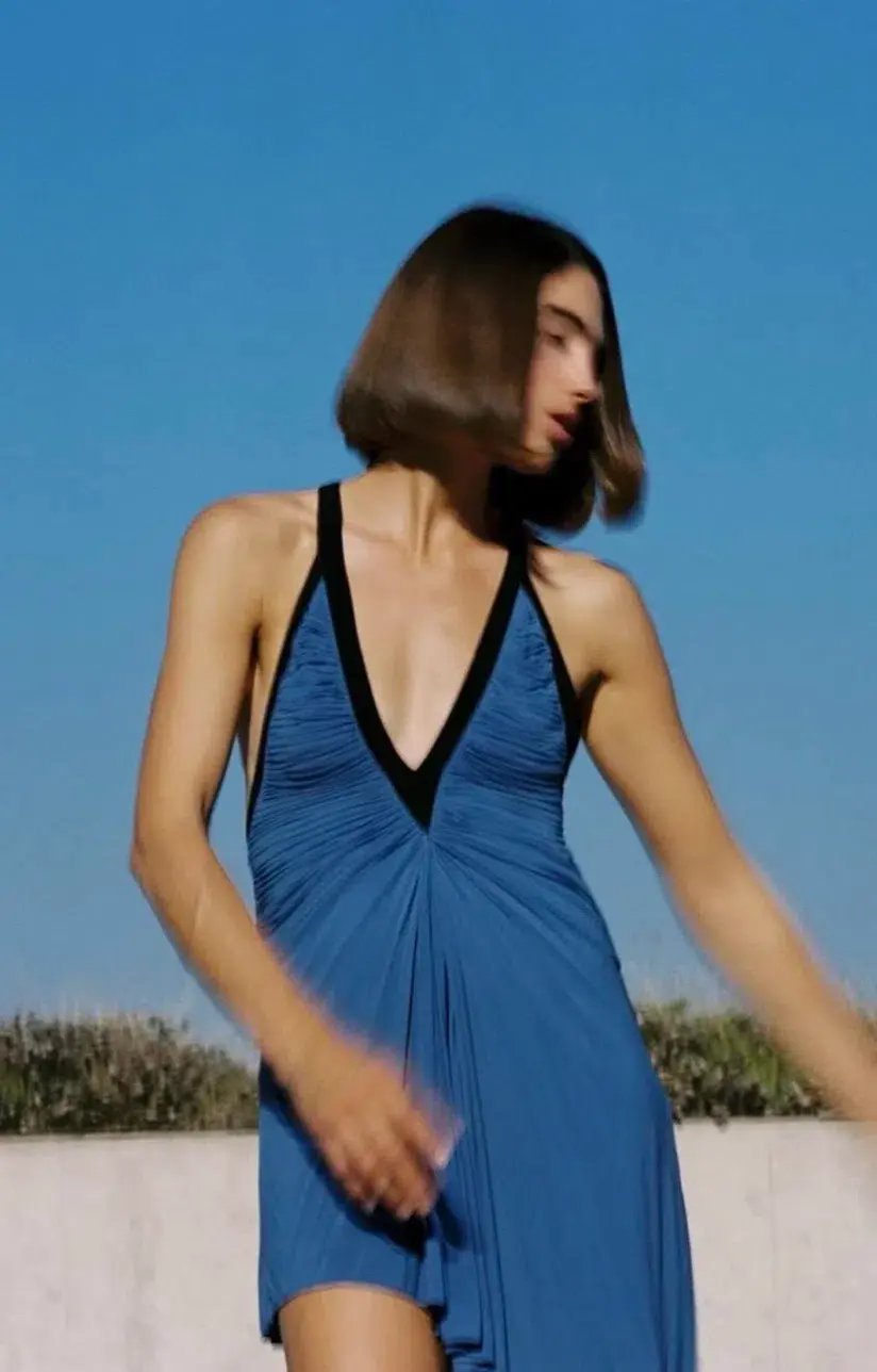 Christopher Esber V-neck Suspended Jersey Fluted Mini Dress Blue Iris Size 6 photo 5