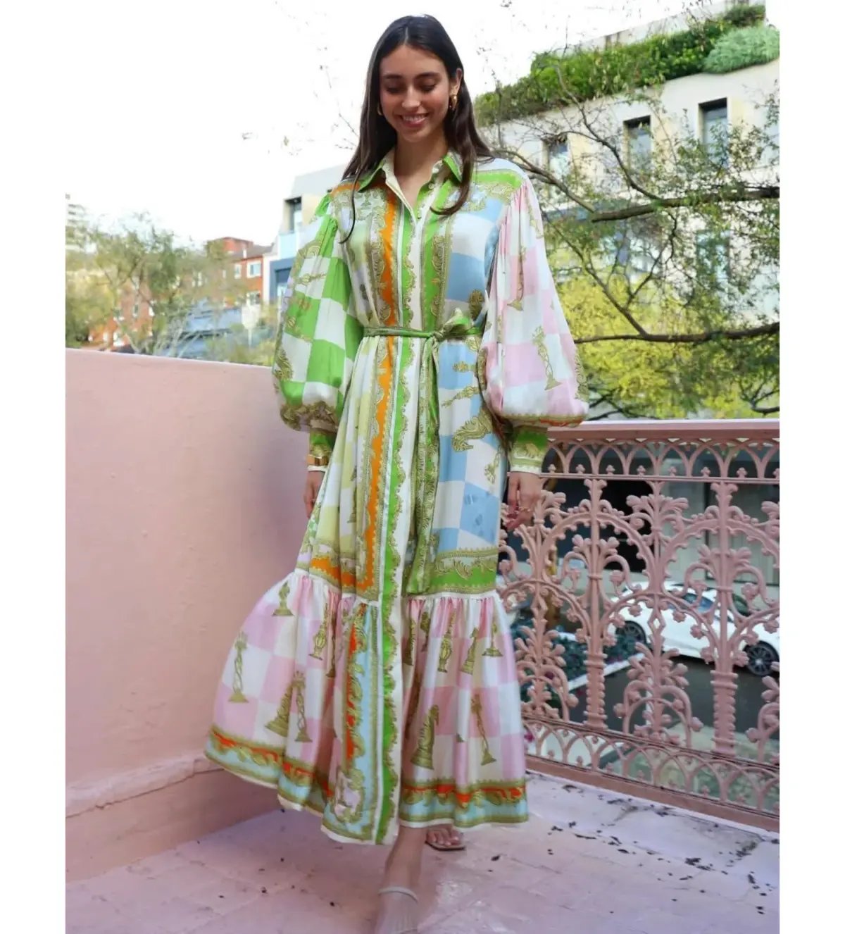 Alemais Checkmate Silk Midi Shirtdress Multi Print Size AU 10 photo 2