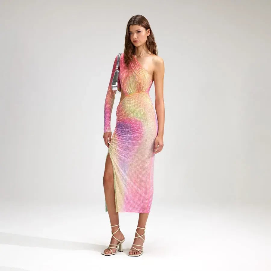 Self Portrait Printed Mesh Rhinestone Cutout Midi Dress Multi Size 8 photo 2