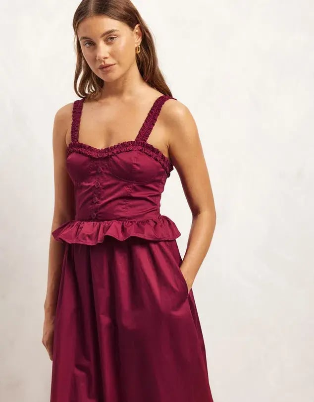 Aere Organic Cotton Peplum Midi Dress Black Cherry Size 8 photo 2