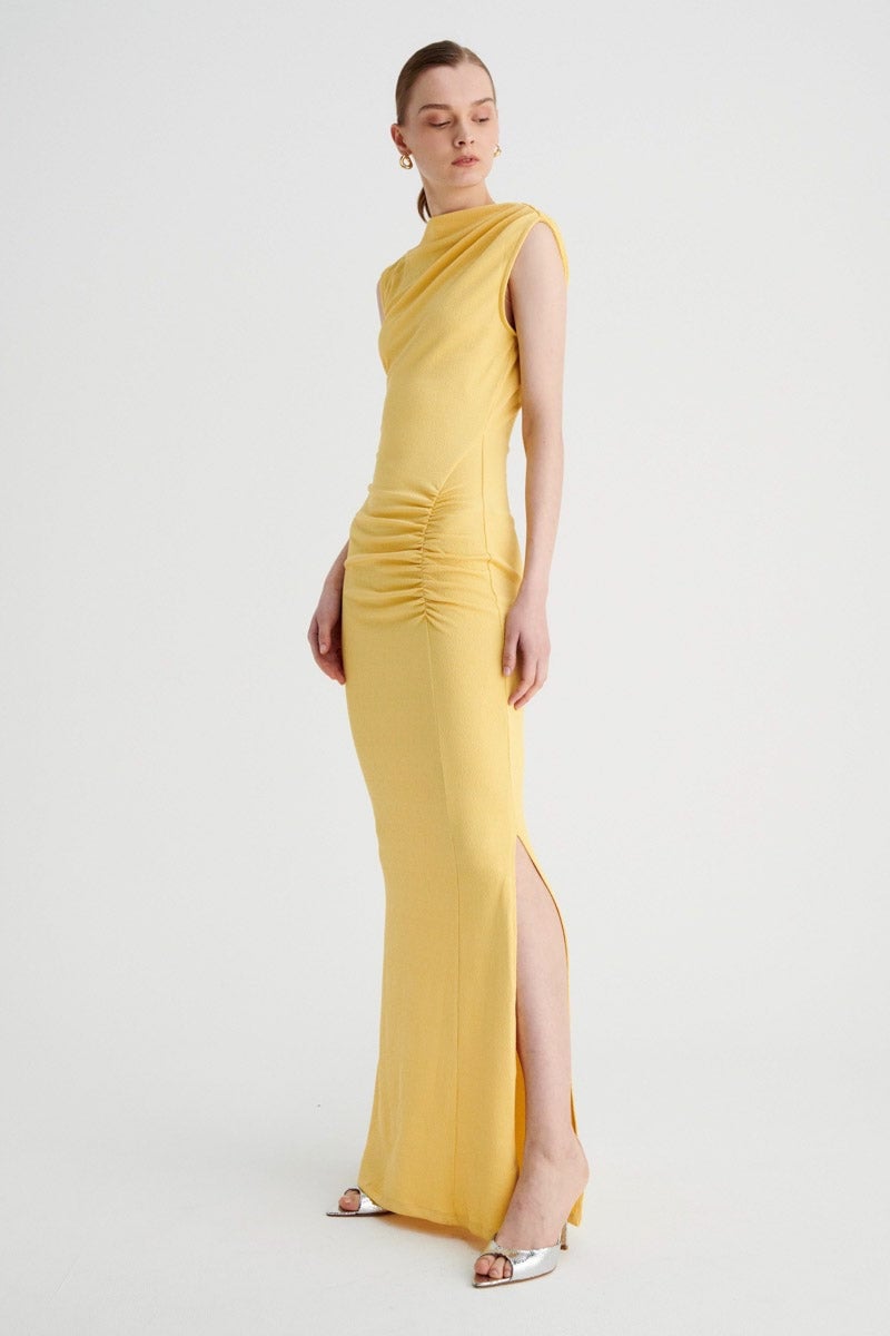 SUBOO VEGA ROUCHED FRONT MIDI DRESS - BUTTER photo 2