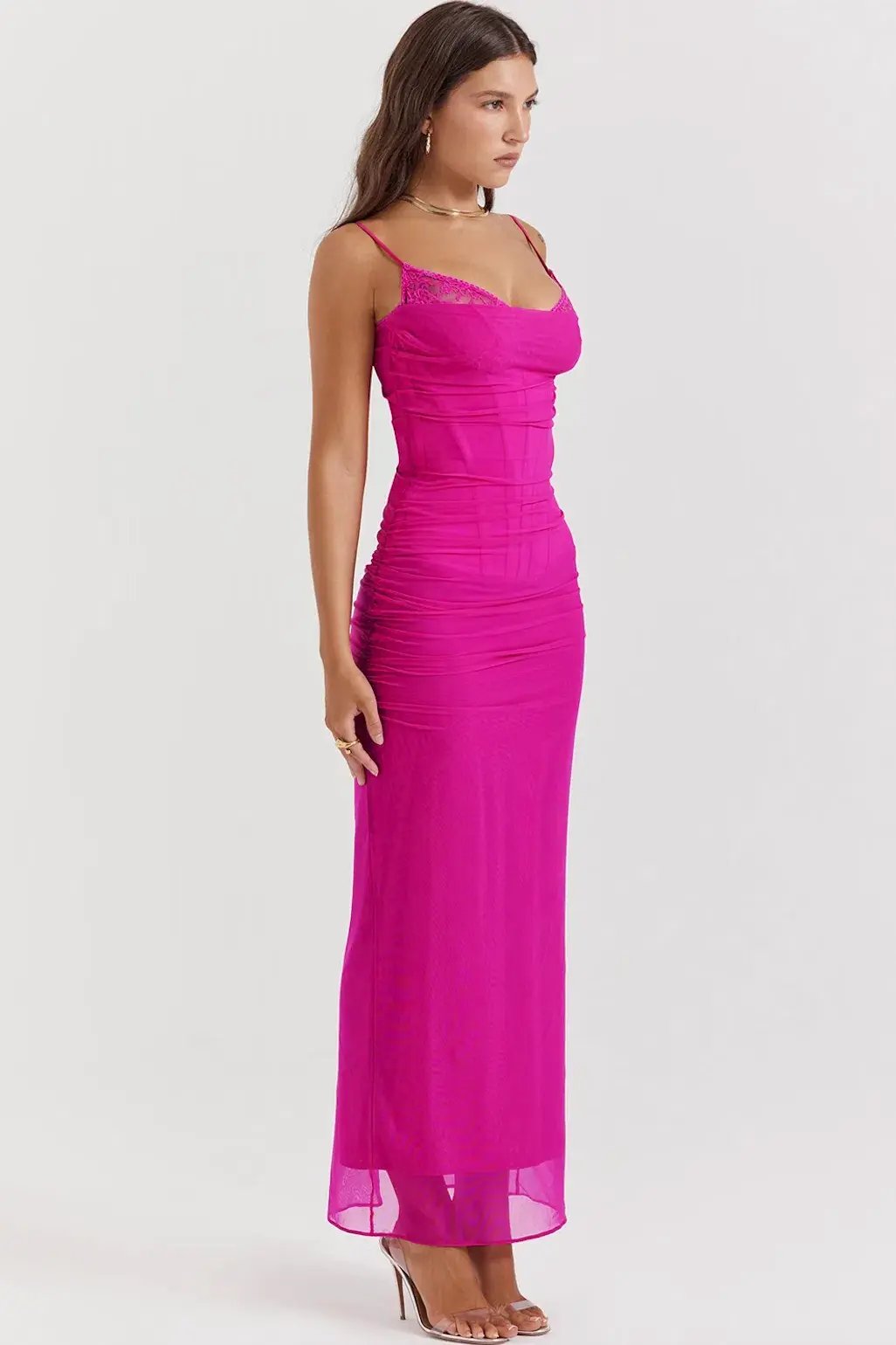 House of CB Nalini Fuchsia Hot Pink Lace Mesh Maxi Dress in Size 6/XS photo 2