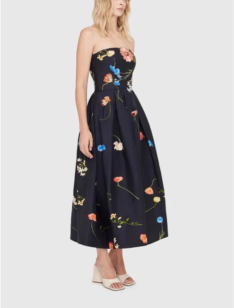 Leo Lin The Fields Embroidered Bustier Midi Dress Black Size 14 photo 3