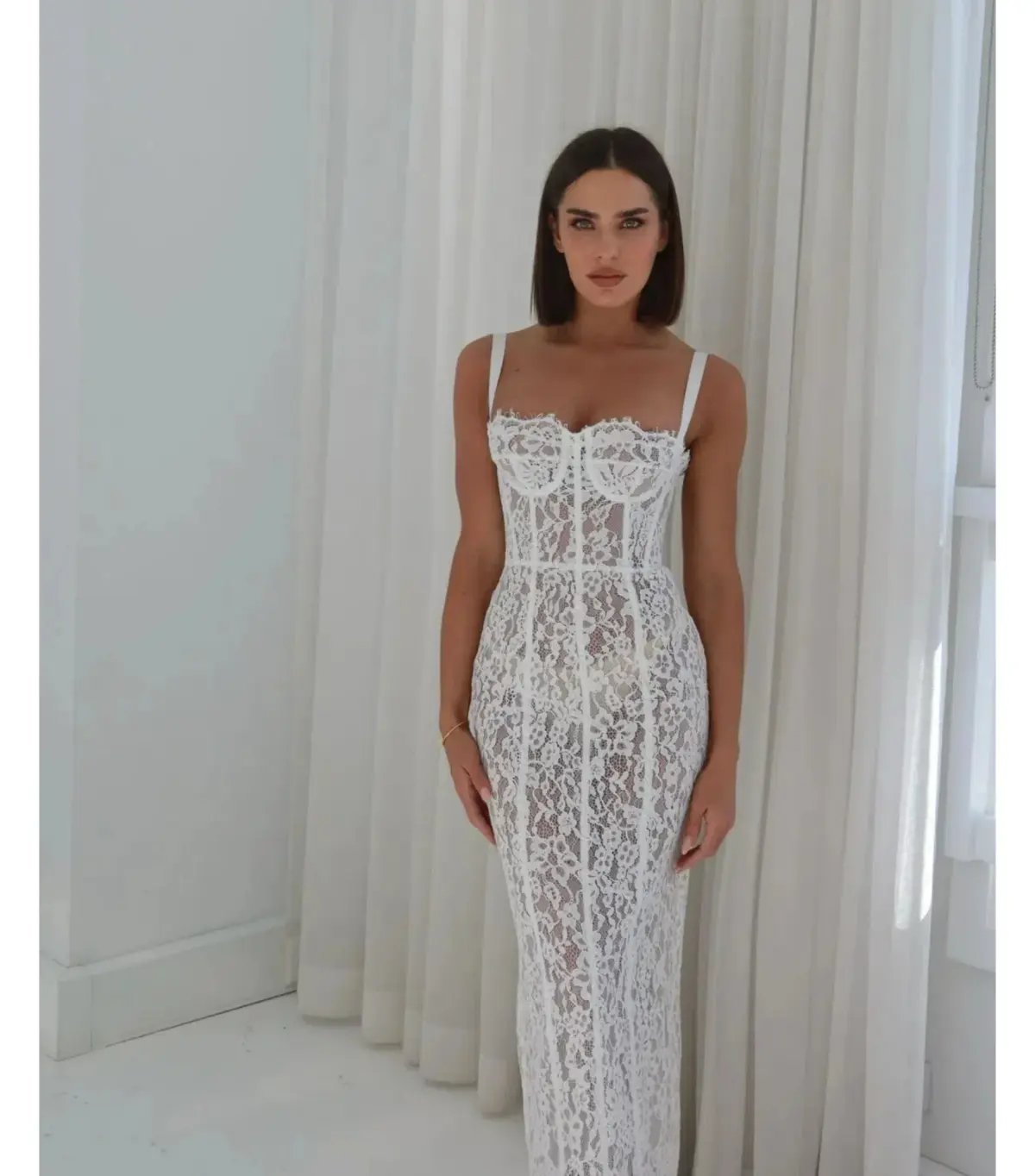 Helsa The Lace Column Midi Dress White Size 8/S photo 5