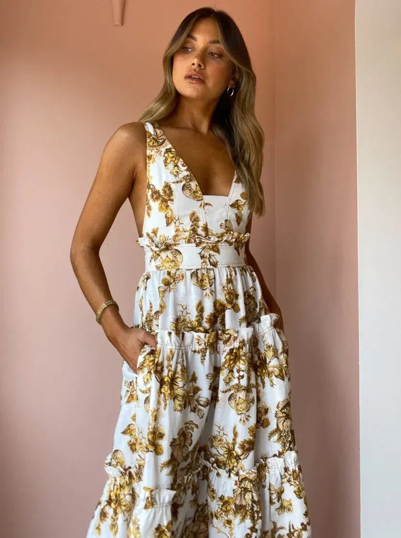 Shona Joy Bella Plunged Tiered Midi Dress Print Size 10 photo 2