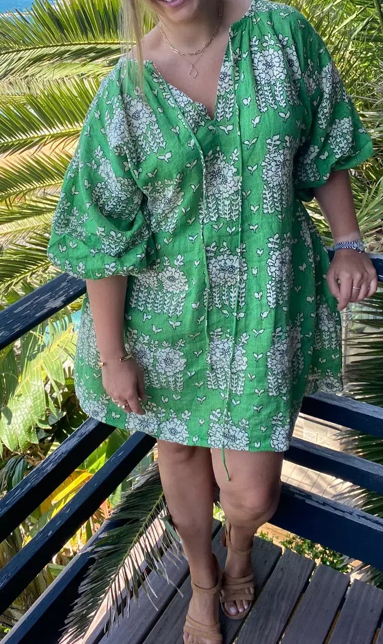 Oroton Full Sleeve Posie Print Mini Sun Dress Green Floral Size 12 photo 5