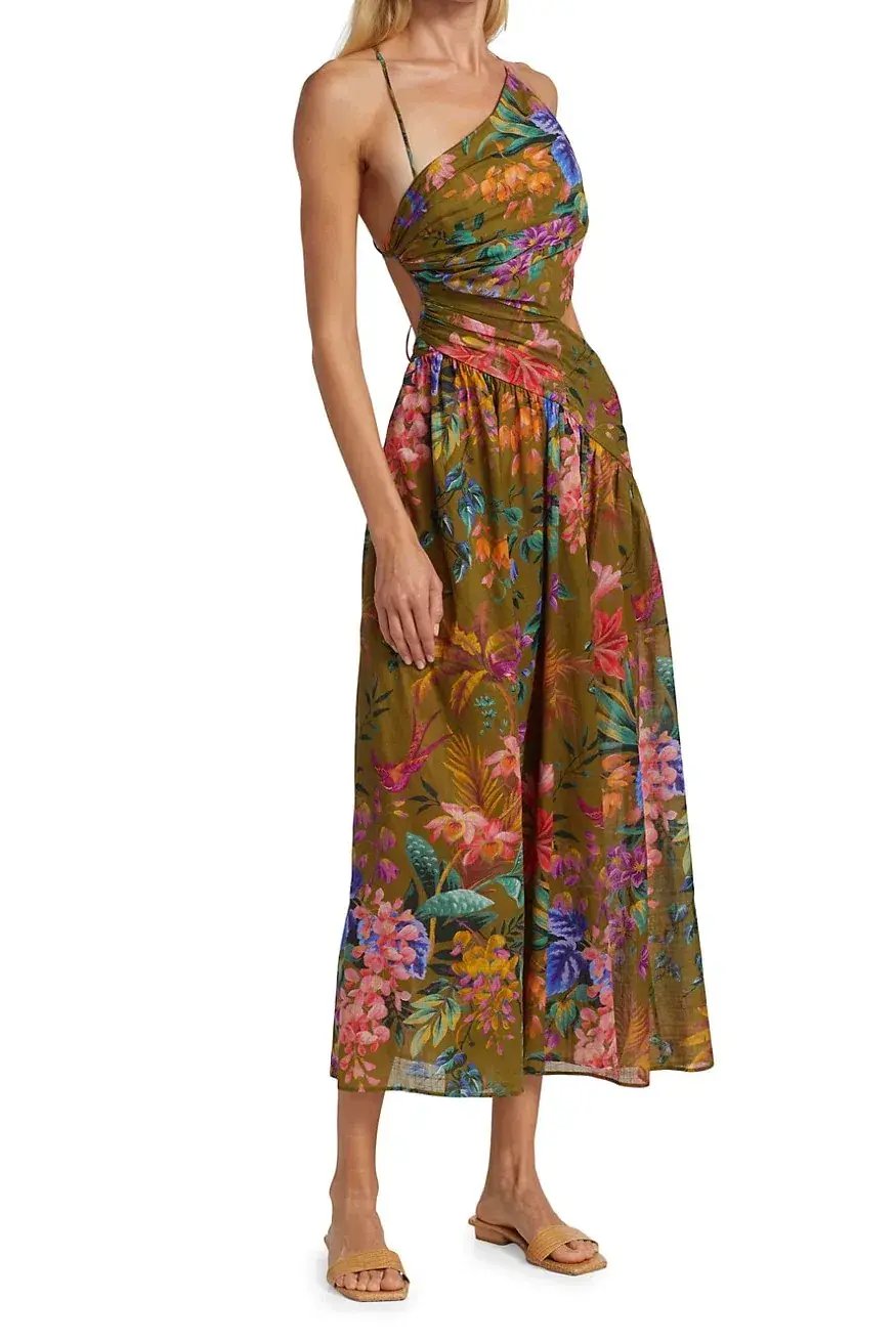 Zimmermann Tropicana Asymmetric Dress Khaki Floral Size 0P / Au 6 photo 3