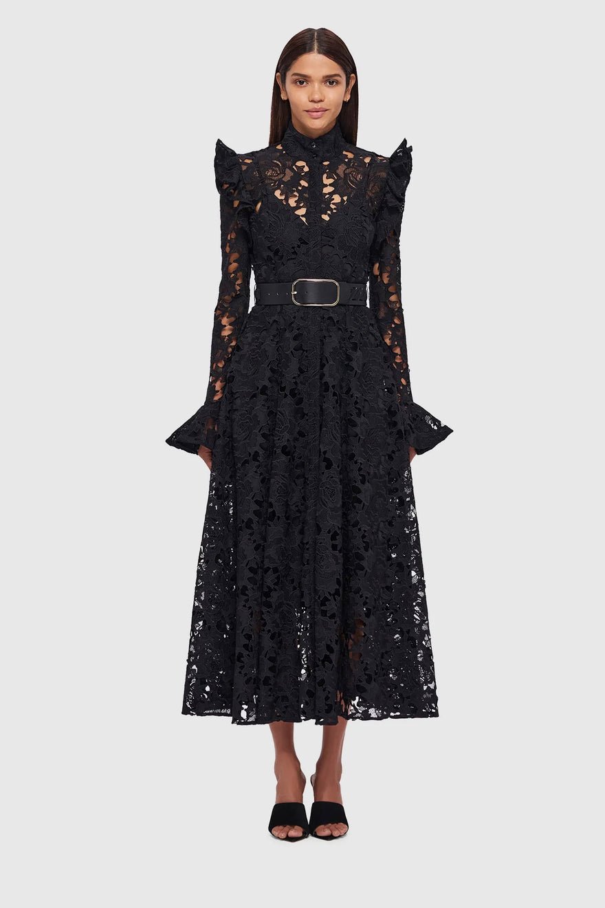 Leo Lin Aliyah Lace Butterfly Sleeve Midi Dress - Ebony photo 4