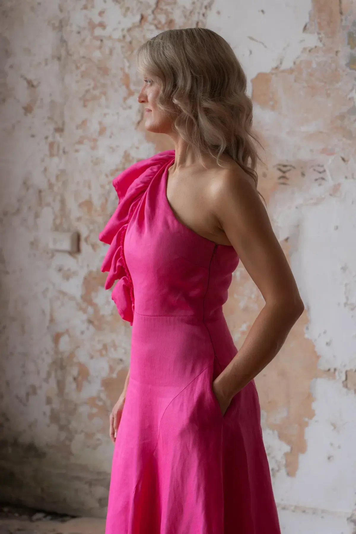 Aje / Bonjour Asymmetric Midi Dress / Fushsia / Size 14 photo 5