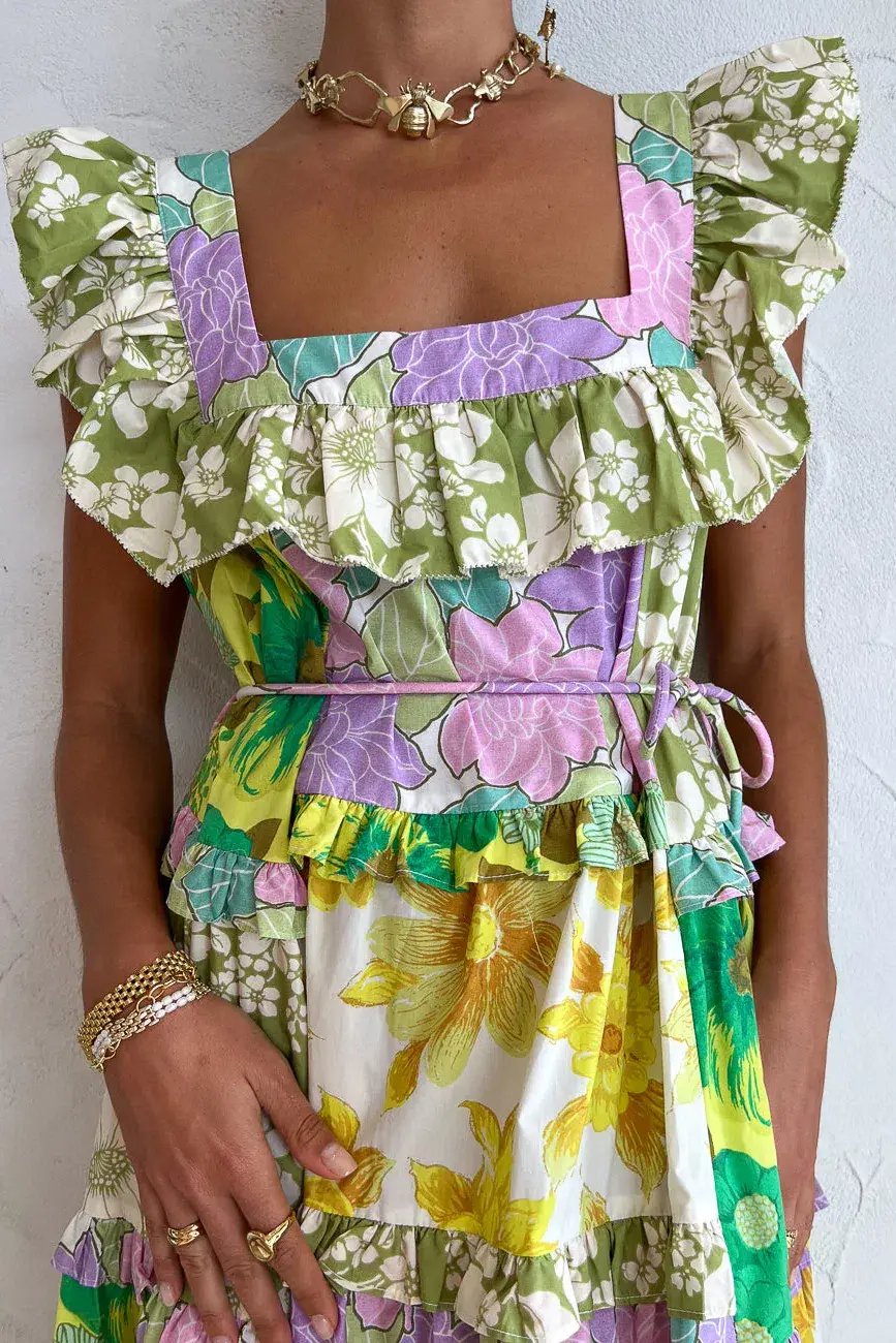 Alemais Elora Patchwork Tiered Multi Print Midi Dress Size 14 photo 3