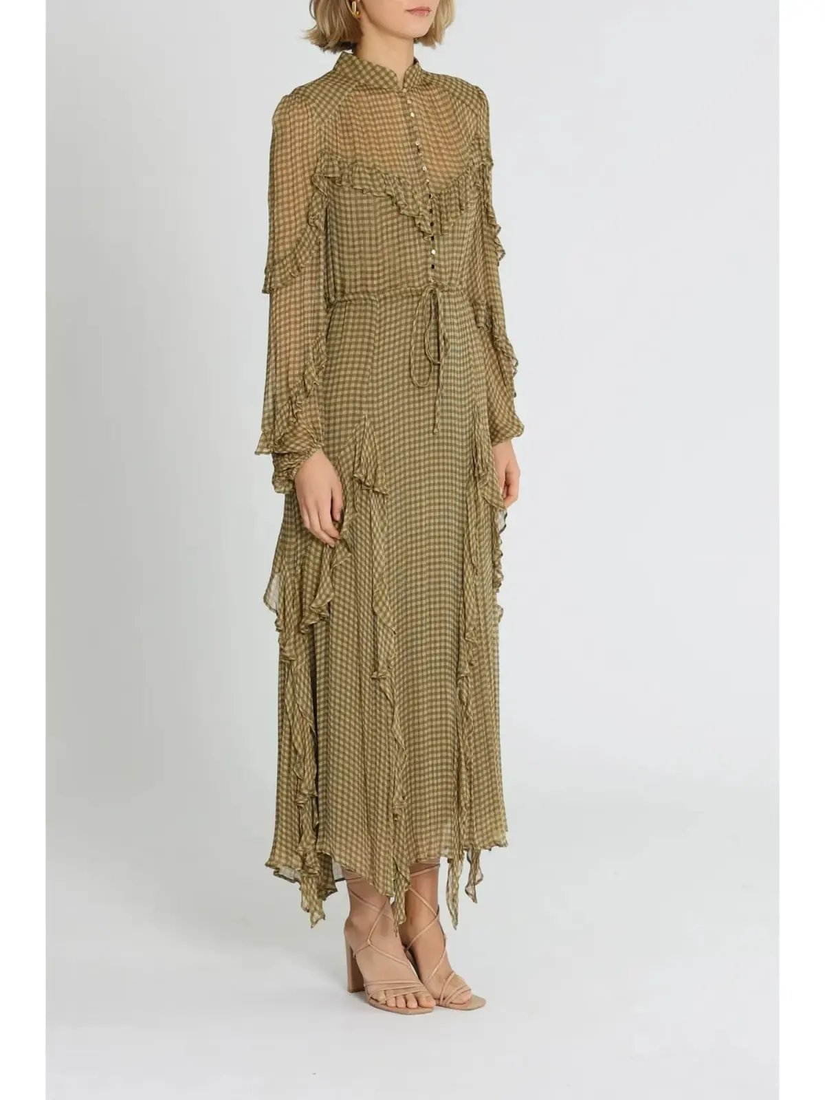 Shona Joy Eleonora Drawstring Frill Midi Dress in Olive Size AU 6 photo 2