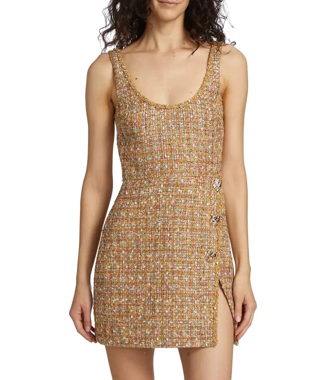Self Portrait Gold Tinsel Boucle Beaded Mini Dress Gold Size 10 photo 2