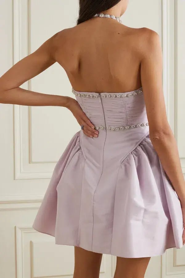 Self Portrait Crystal Embellished Ruched Taffeta Mini Dress Lilac Size 6 photo 2