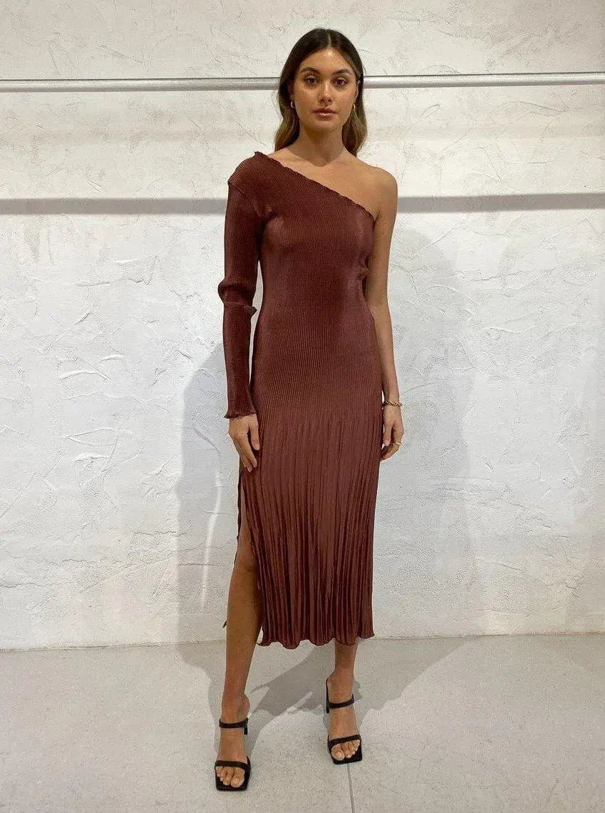 L'Idee Soiree One Shoulder L/S Dress Brown Size 6 photo 4