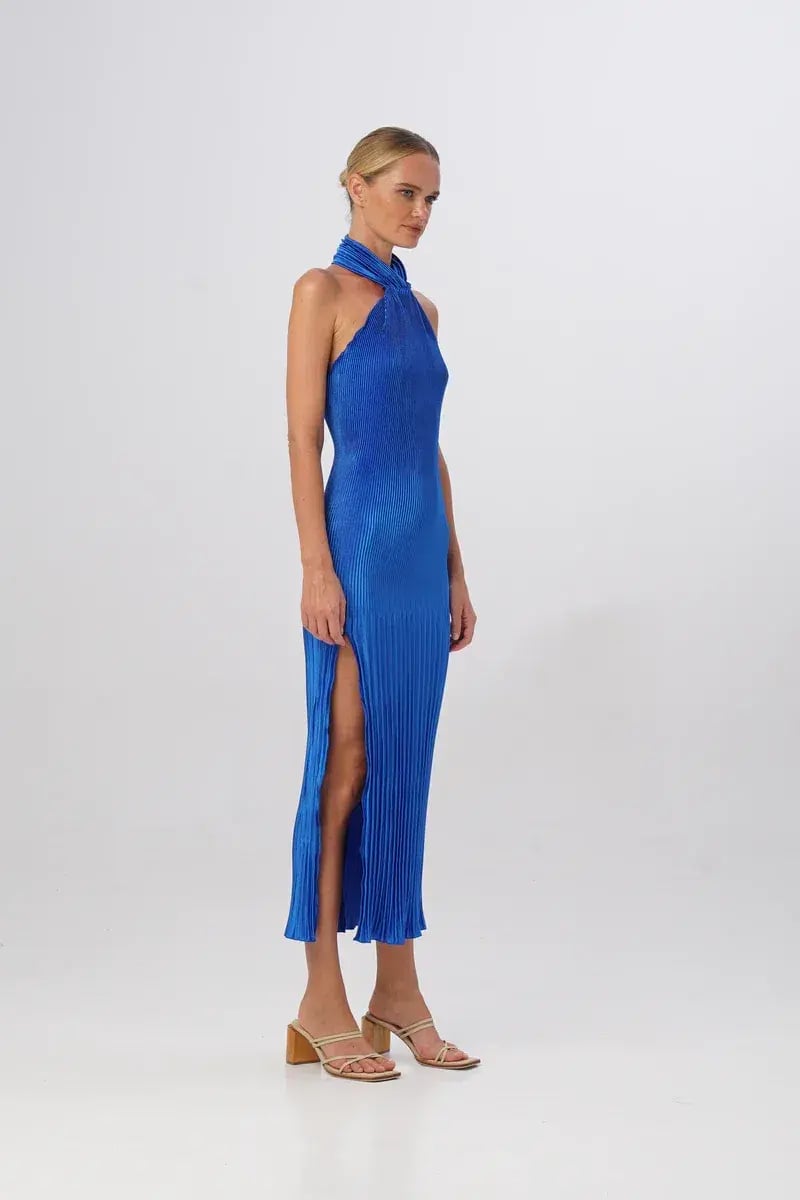 L'Idee The Soirée Pleated Halter Gown MOROCCAN Blue Size 8 photo 3
