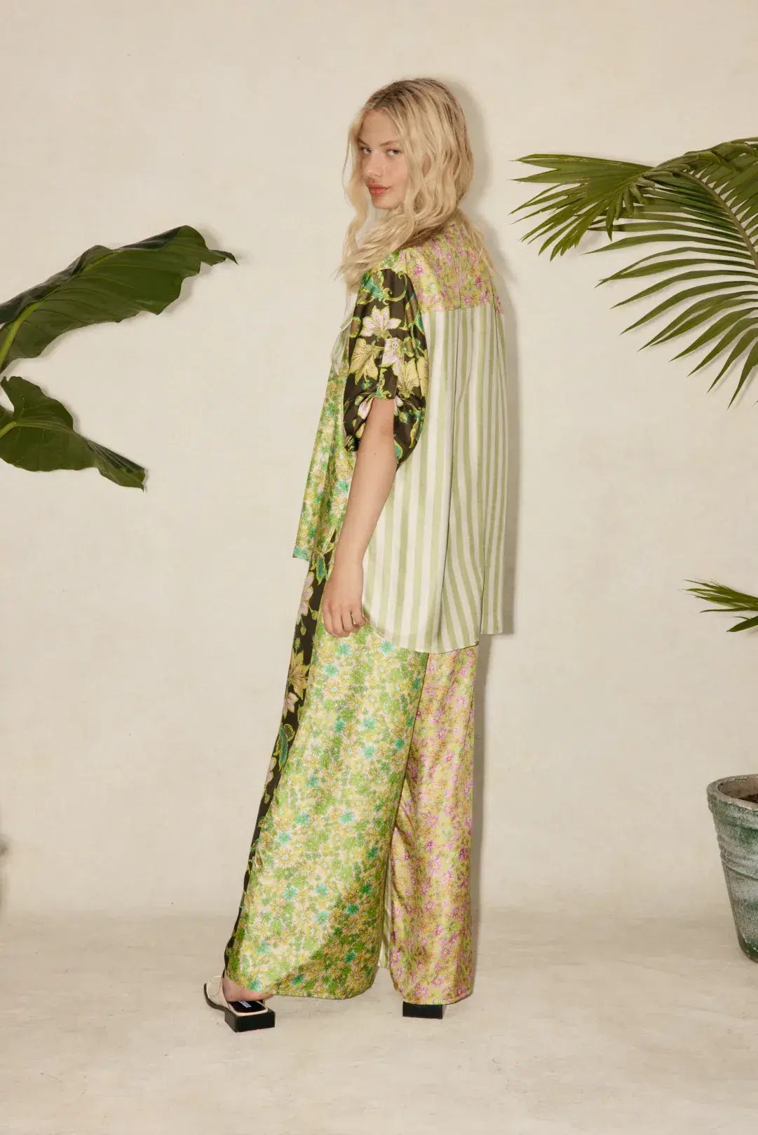 Alemais Winnie Patchwork Spliced Silk Shirt and Pant Set Green Floral Size AU 10 photo 5
