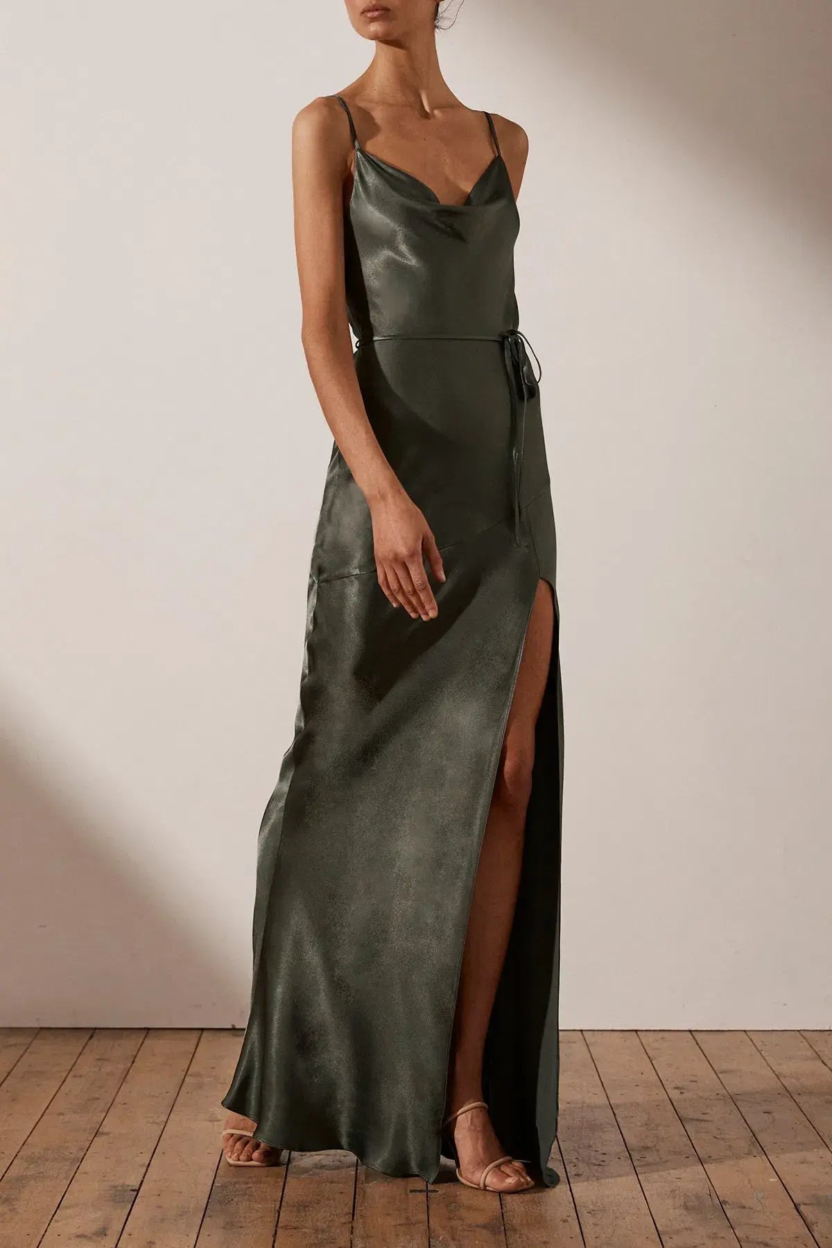 Shona Joy La Lune Bias Cowl Maxi Dress In Olive Size 8 photo 2
