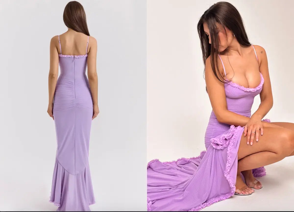 House of CB Gabbi Orchid Mesh Ruffled Front Gown Purple Lilac Size S AU 8 photo 4