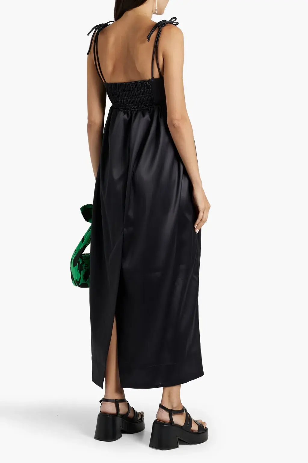 Ganni Gathered Satin Midi Dress Black Size AU 6 photo 2