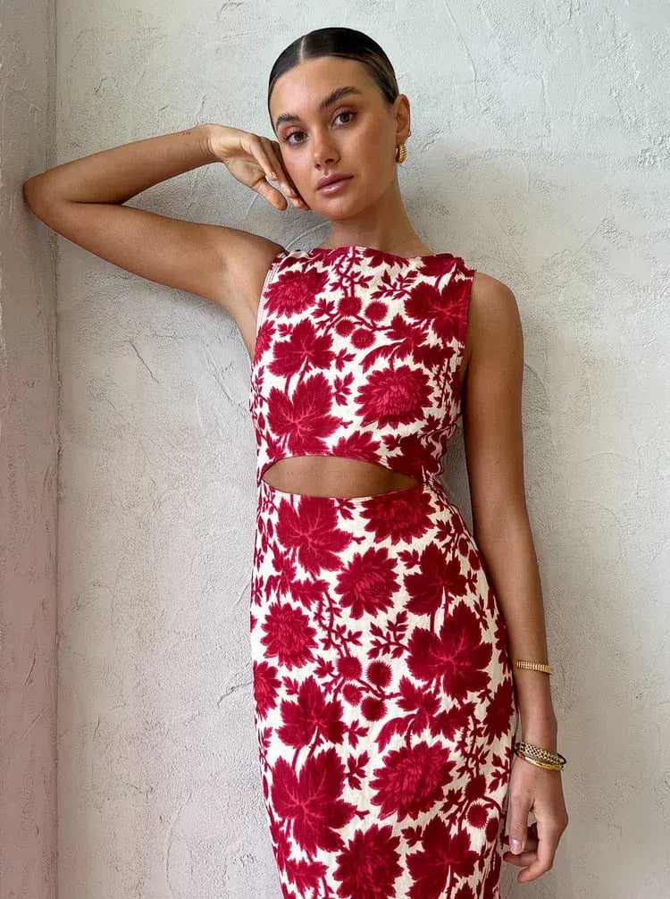 Sir The Label Cinta Linen Cut Out Midi Dress Red Floral Size 1/AU 8 photo 4