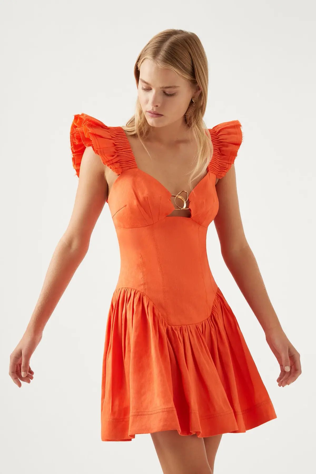 Aje Simone Frill Sleeve Mini Dress Orange Size 6 photo 3