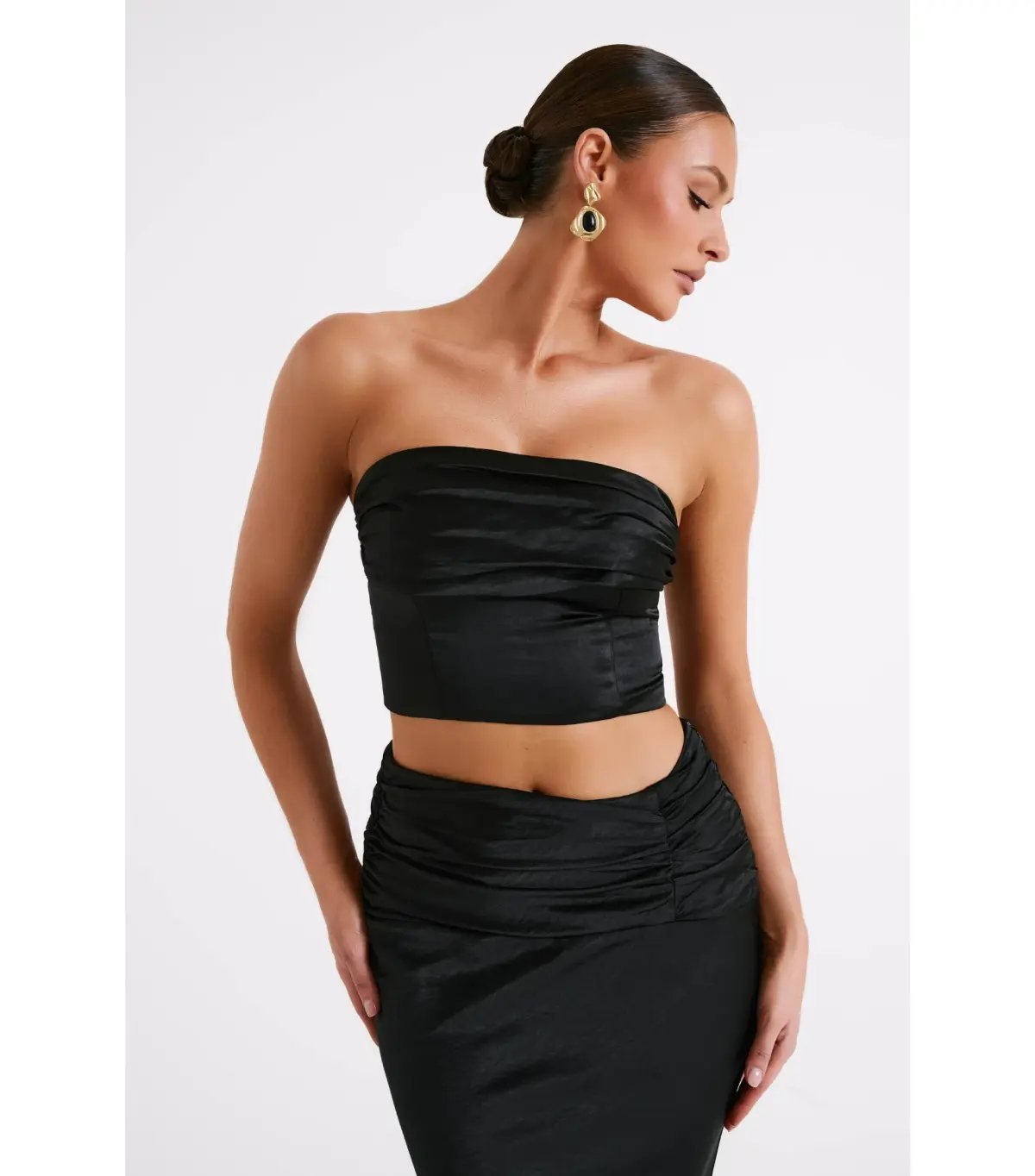 Meshki Khalani Ruched Strapless Satin Top and Skirt Set Black Size AU 8 photo 2