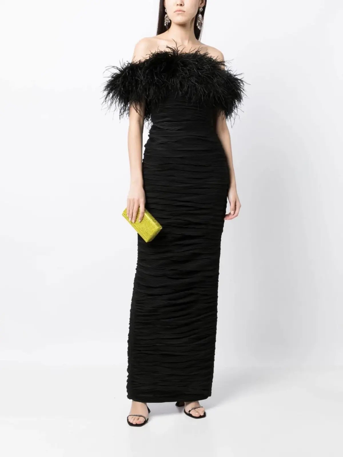 Rachel Gilbert Zion Feather Trim Ruched Gown Black Size 10 photo 4