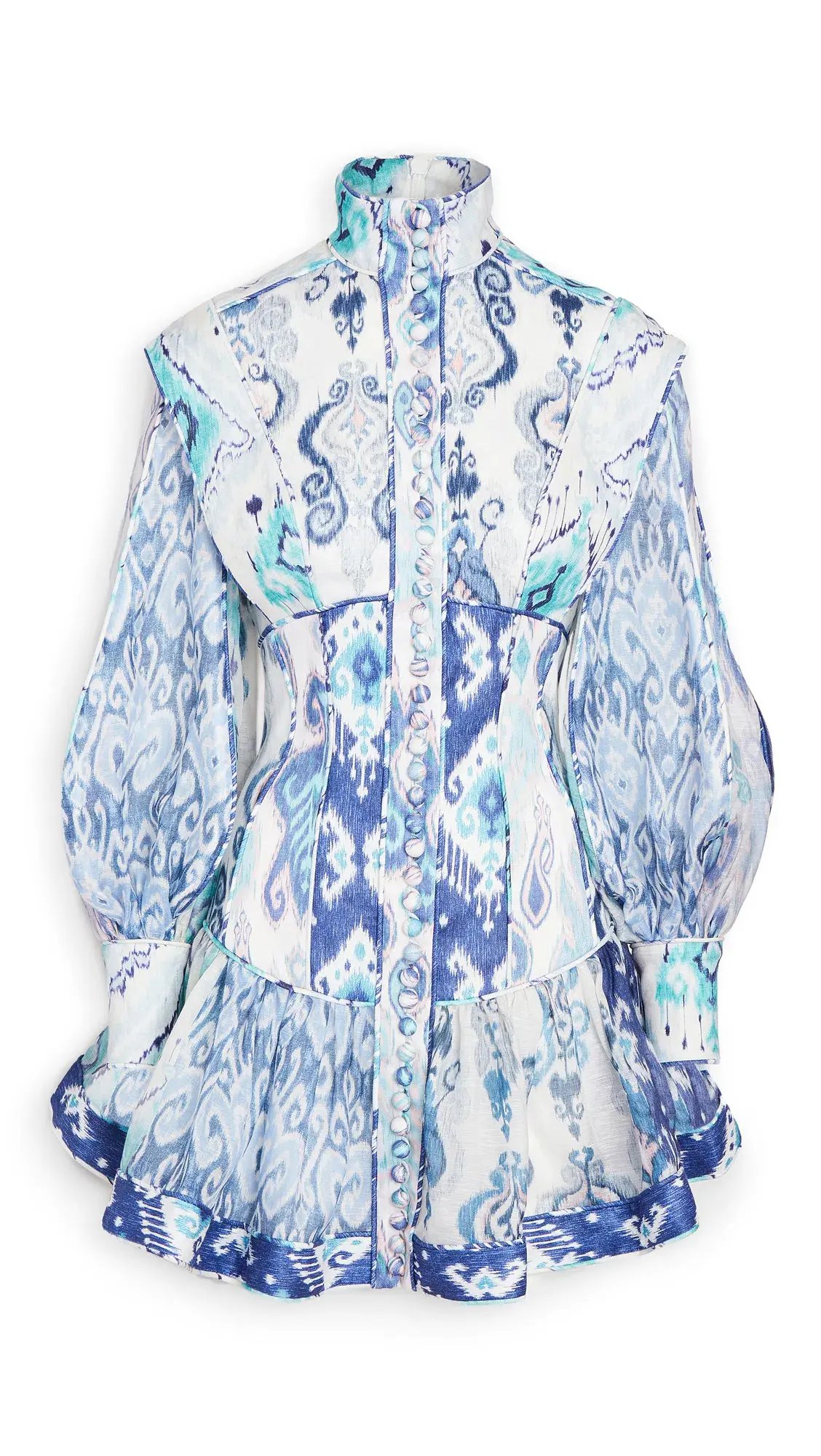 Zimmermann Glassy Long Sleeve Mini Dress Spliced Blue Ikat  Size 0 / 8 AU photo 3