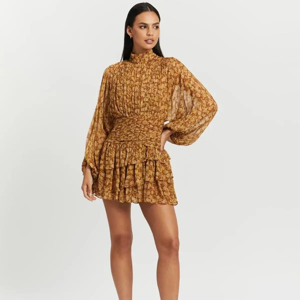 Shona Joy Sunset Long Sleeve Ruched Mini Dress Floral Size 8 photo 4