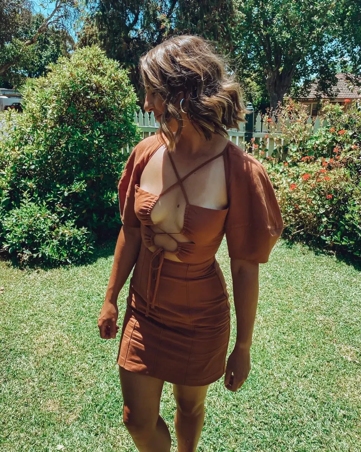 Shona Joy Jules Lace Front Lantern Sleeve Mini Dress Brown Size 8 photo 2