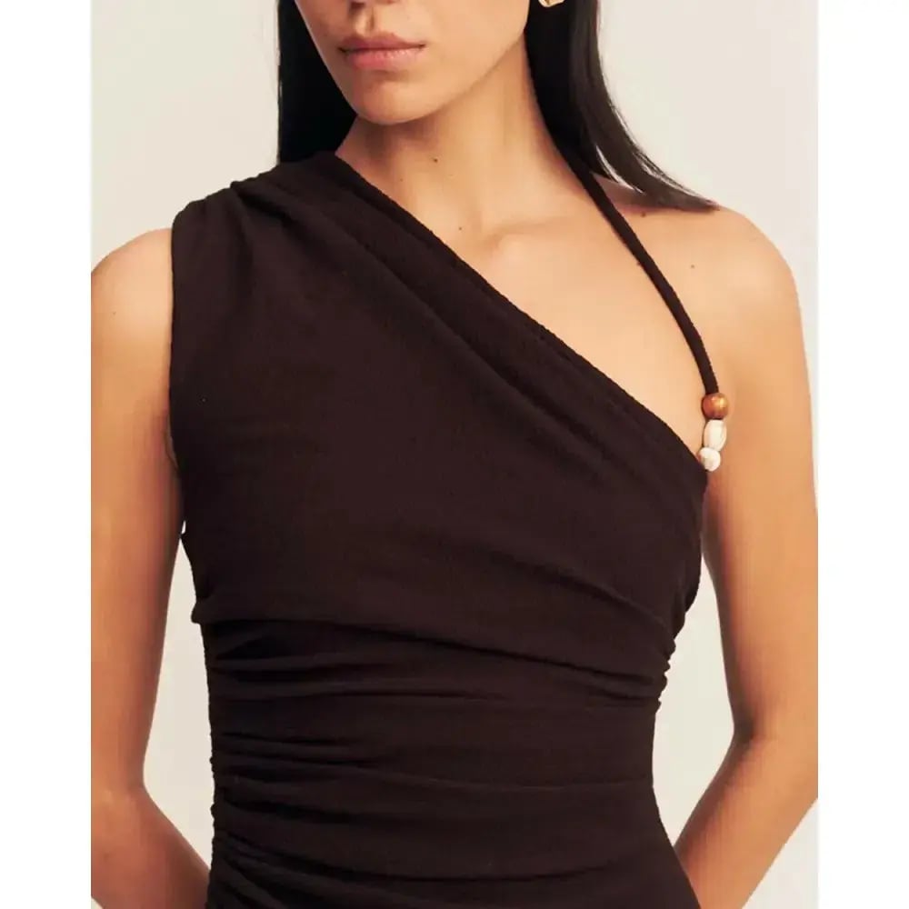 Shona Joy Beau Gathered Asymmetrical Midi Dress Brown Size AU 8 photo 4