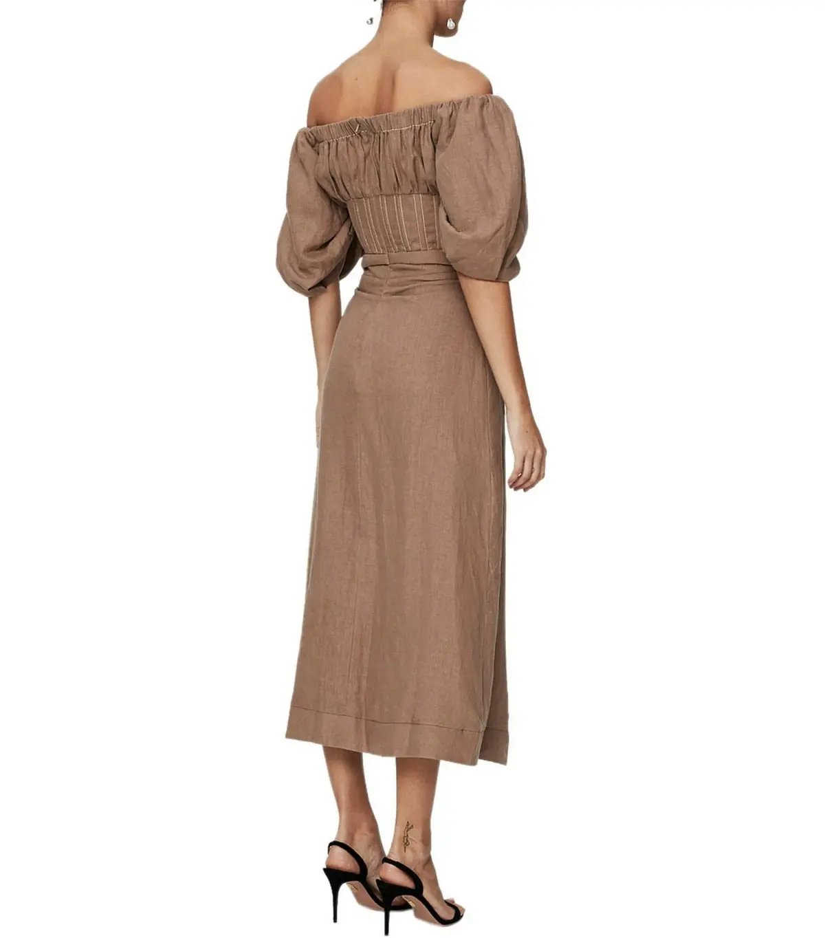 Rachel Gilbert Capri Off The Shoulder Puff Sleeve Midi Dress Beige Size AU 6 photo 2