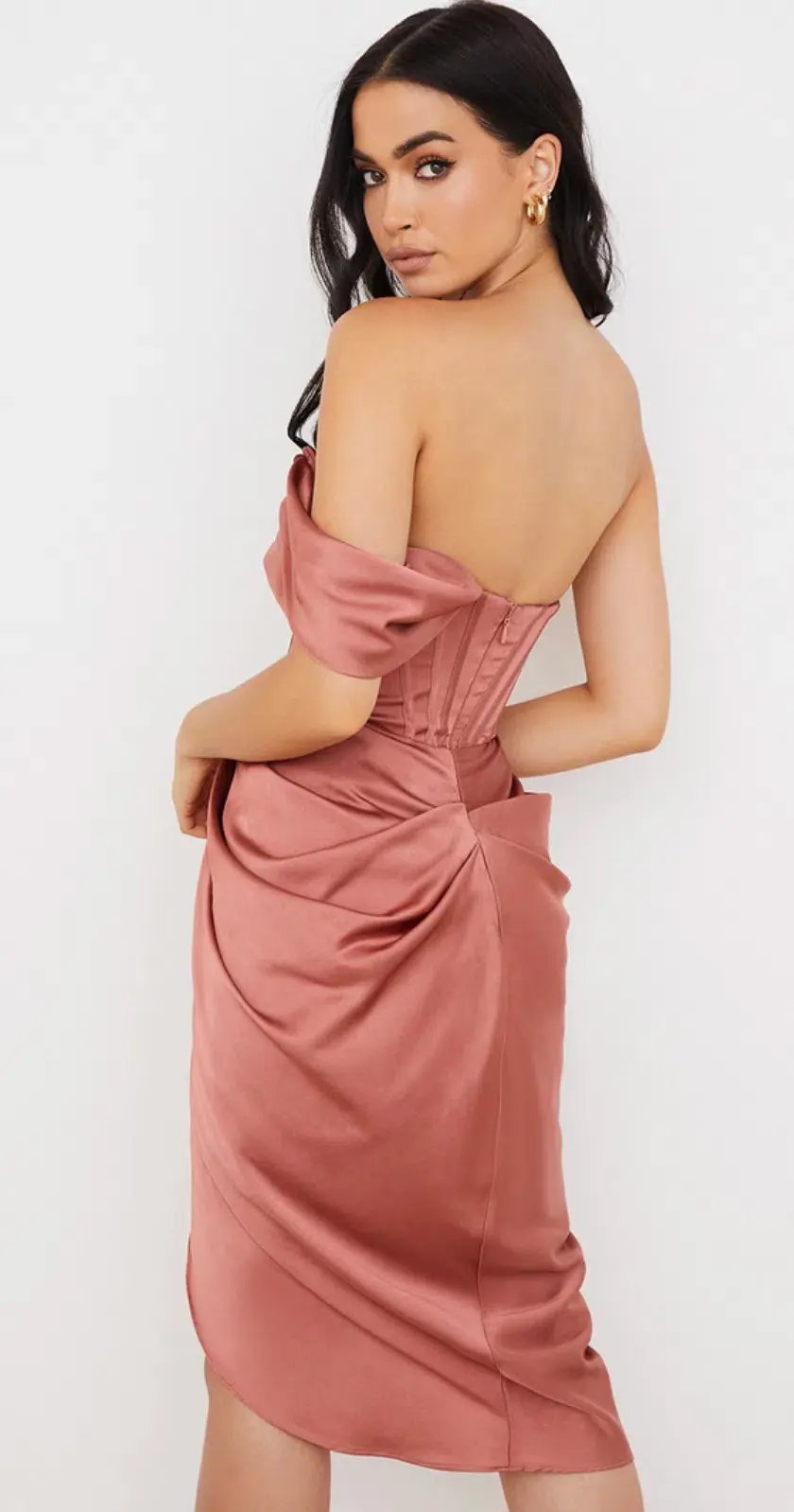 House of CB Janis Rouge Satin One-Shoulder Draped Midi Dress Pink Size 8 photo 3