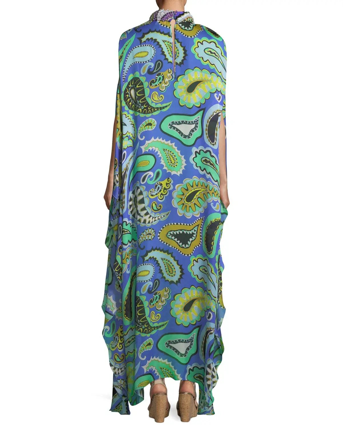 Emilio Pucci Paisley-Print Beaded-Collar Long Caftan Print Size IT42 photo 2