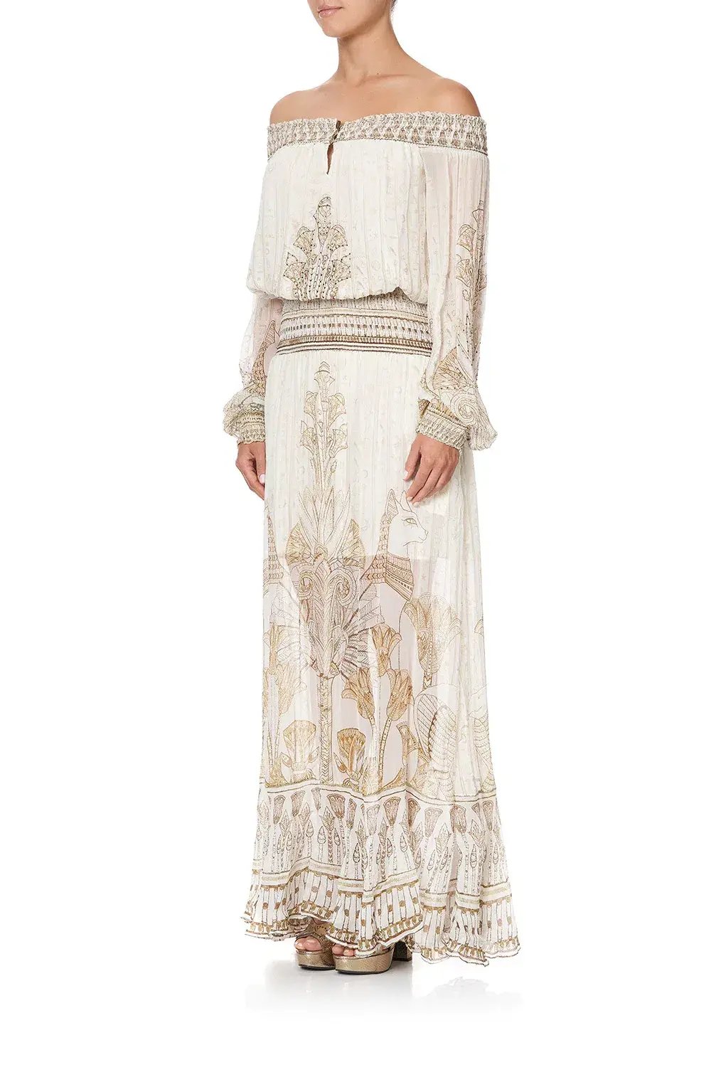 Camilla Off Shoulder Shirred Dress The Queens Chamber Print Size 10 photo 3