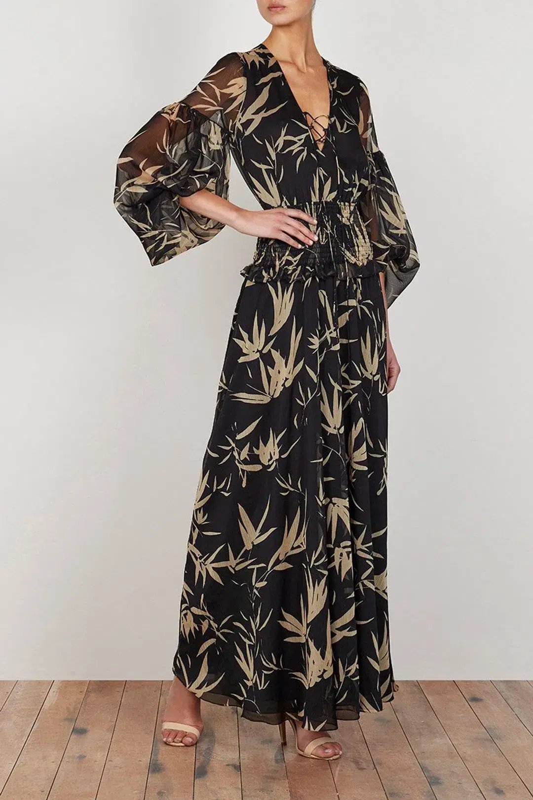 Shona Joy Monterey Shirred Lace Up Maxi Dress in Black/Wheat Print Size AU 8 photo 3
