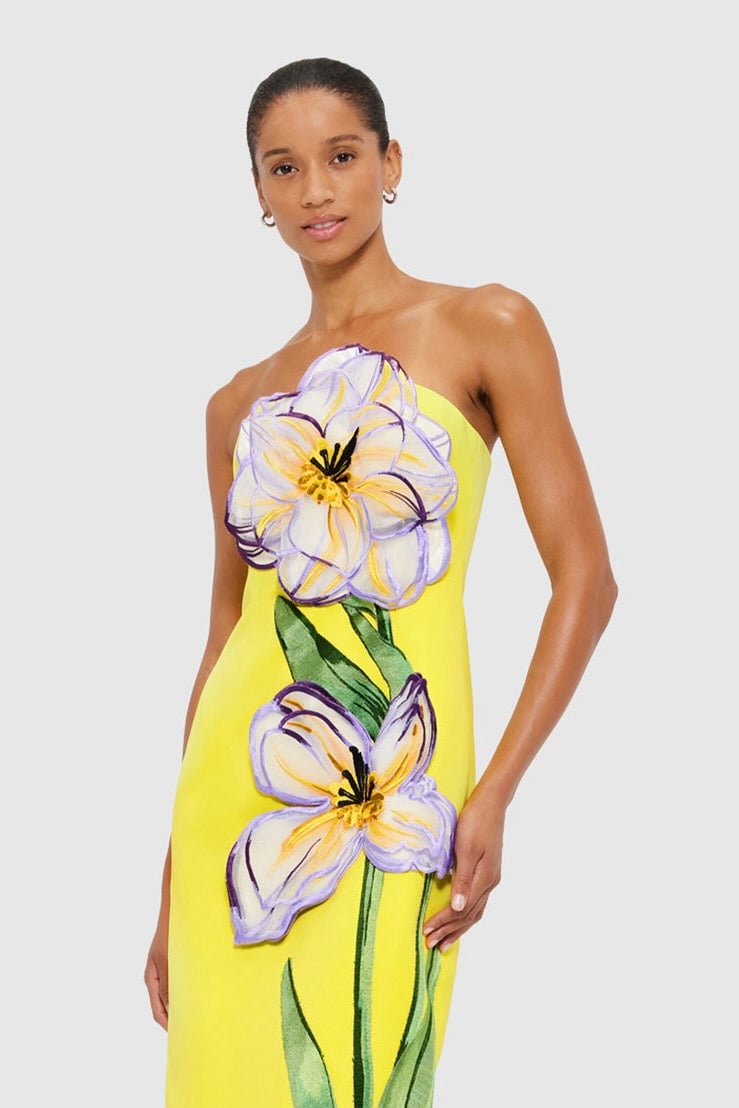 LEO LIN RAYNA APPLIQUÉ FLORAL MAXI DRESS - IRIS PRINT IN YELLOW photo 3