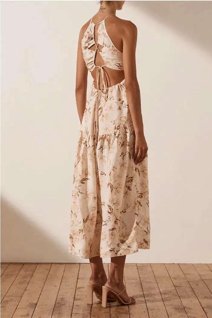 Shona Joy Roxanne Linen Open Back Tiered Midi Dress Beige Size AU 12 photo 3