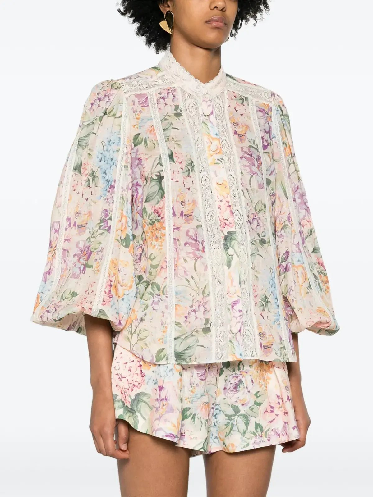 Zimmermann Halliday Lace Trim Shirt and Tuck Shorts Set Multi Watercolour Floral Size 0 / AU 8 photo 2