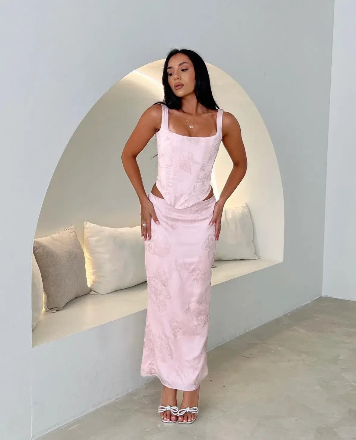 House of CB Luisette Metallic Midi Skirt & Rafa Corset Set Pink Floral Size 8 photo 3