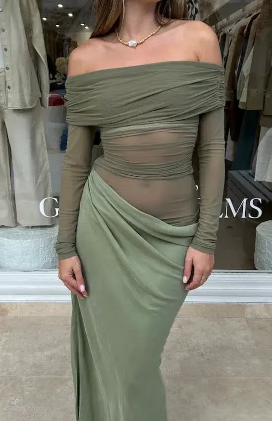 Benni Yasmin Off Shoulder Maxi Dress Pistachio Size 8 photo 3